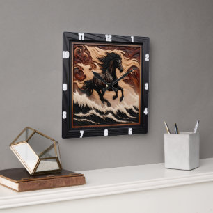 Vague sculptée Galloping Bois Horloge Cheval