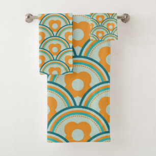 Vagues et fleurs rétro Aqua, Turquoise, Orange
