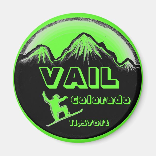 Vail Colorado green snowboard art magnet (Front)