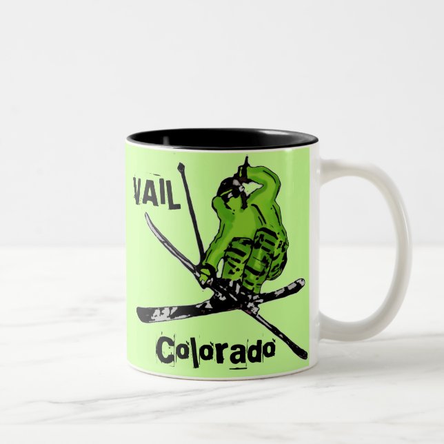 Vail Colorado neon green skier theme mug (Right)