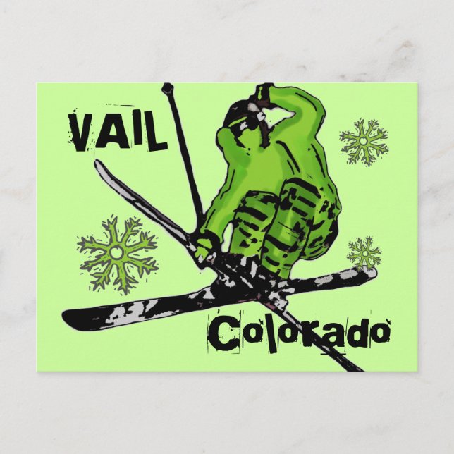 Vail Colorado neon green theme skier postcard (Front)