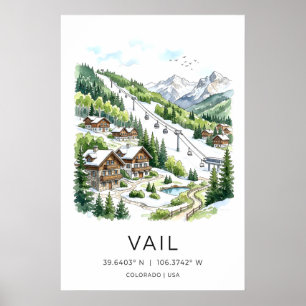 Vail Colorado Wall Art Watercolor Winter Village