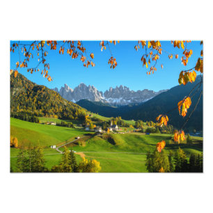 Val di Funes valley with autumn leaves print