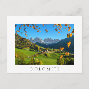 Val di Funes valley with autumn leaves white card