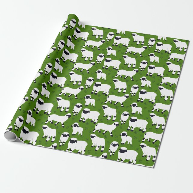 Valais Blacknose Sheep Illustrations on Green Wrapping Paper (Unrolled)