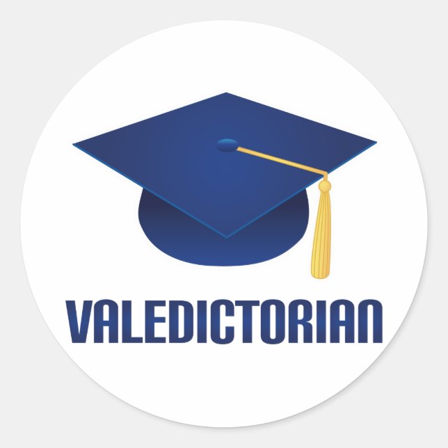 Valedictorian Blue Grad Hat Graduation Gift Classic Round Sticker (Front)