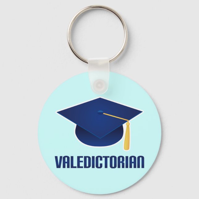 Valedictorian Blue Grad Hat Graduation Gift Keychain (Front)