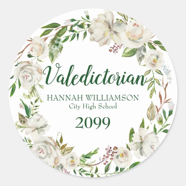 Valedictorian Graduation White Floral Personalized Classic Round Sticker (Front)