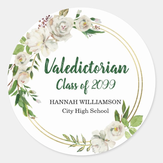 Valedictorian White Floral Personalized Graduation Classic Round Sticker (Front)