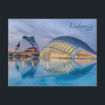 Valencia Spain Modern Architecture Postcard<br><div class="desc">Beautiful Valencia postcard featuring the City of Arts and Sciences centre. The centre was designed by famous architect Santiago Calatrava and proudly represents the amazing beauty of modern Spanish architecture. Another captivating element of the image are the lights coming out of the building and reflecting in the water.</div>