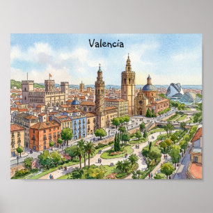Valencia Spain Watercolor City View Retro Travel Poster