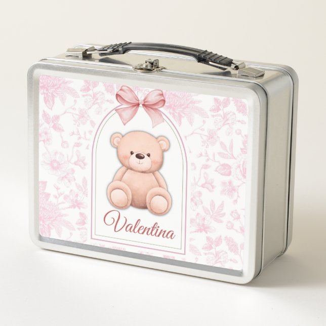 Valentina | Custom Pink Teddy Bear Nursery Design  Metal Lunch Box (Front)