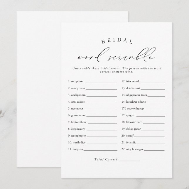 VALENTINA Elegant Script Bridal Word Scramble Game Invitation (Front/Back)