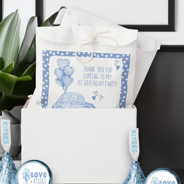 Valentine 1st Birthday Blue Balloon and Car Favour Bag (Favor Bags - from my Car and Balloons Valentine Birthday Collection)