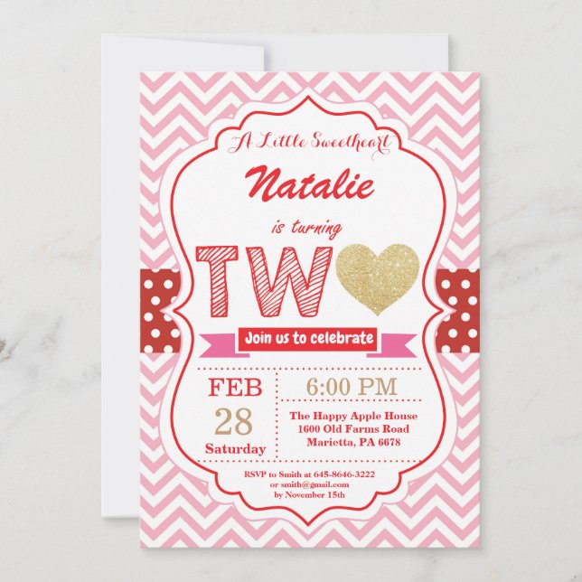 Valentine 2nd Second Birthday Little Sweetheart Invitation (Front)