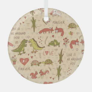 Valentine Animal Hand-Drawn Print Glass Ornament