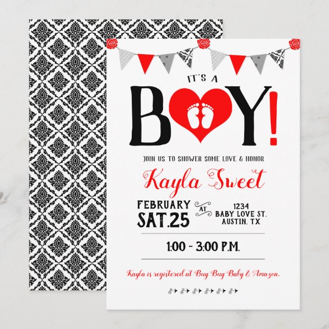 Valentine Baby shower Invitation C'est un garçon (Devant / Derrière)
