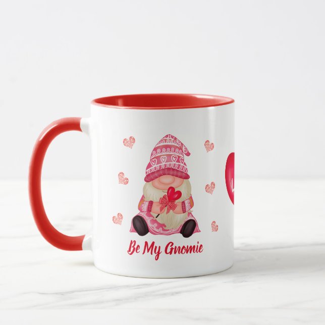 Valentine Be My Gnomie Pink Gnome Glitter Hearts Mug (Left)