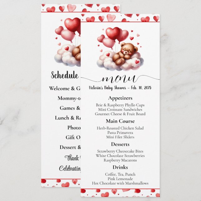 Valentine Bear Baby shower Menu et programme (Devant / Derrière)