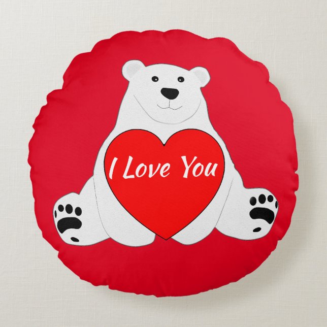 Valentine Bear Holding A Heart Round Pillow (Front)