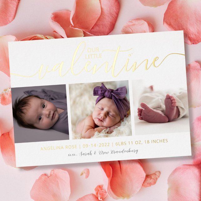 Valentine Birth Announcement Gold 3 Photo Hearts (Creator Uploaded)