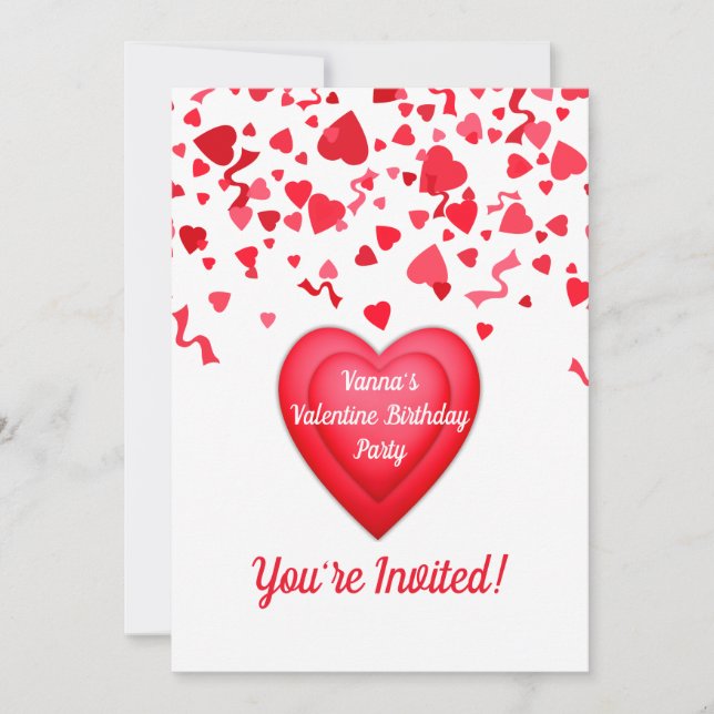 Valentine Birthday Red Confetti Heart Personalized Invitation (Front)