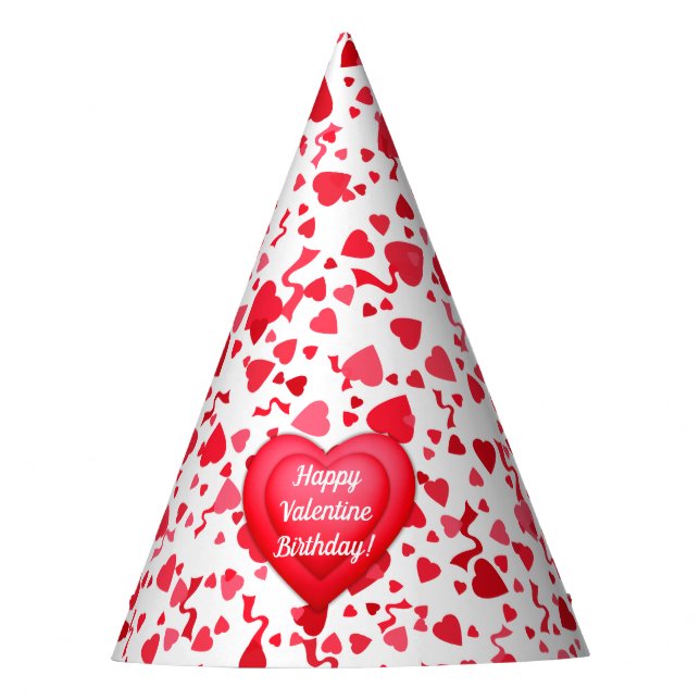 Valentine Birthday Red Confetti Hearts  Party Hat (Front)