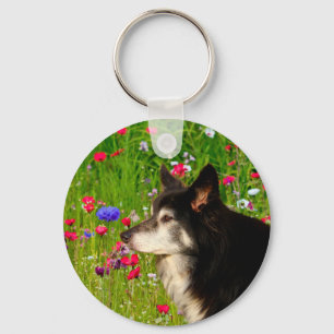 Valentine Border Collie with beautiful flowers Keychain