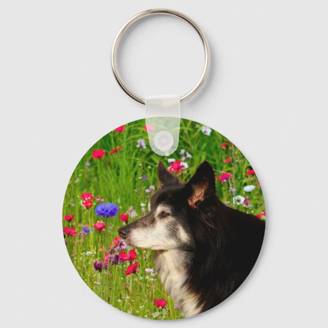 Valentine Border Collie with beautiful flowers Keychain (Front)