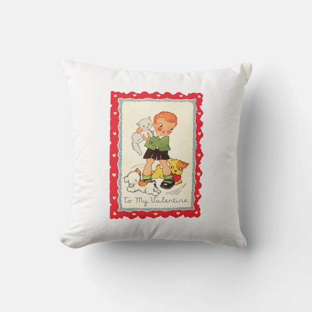 Valentine Boy with Puppies & kitten Throw Pillow (Front)