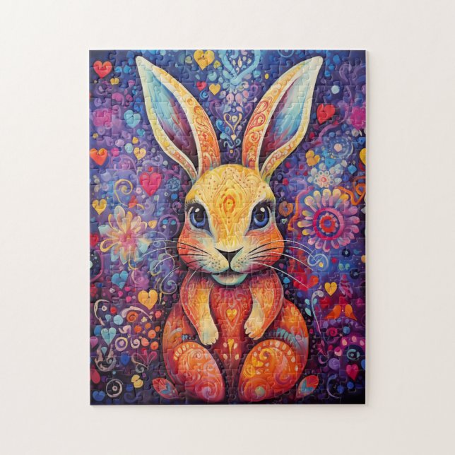 Valentine Bunny Flowers hearts purple Jigsaw Puzzle (Vertical)