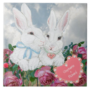 Valentine Bunny Rabbits Rose Custom Romantic Tile