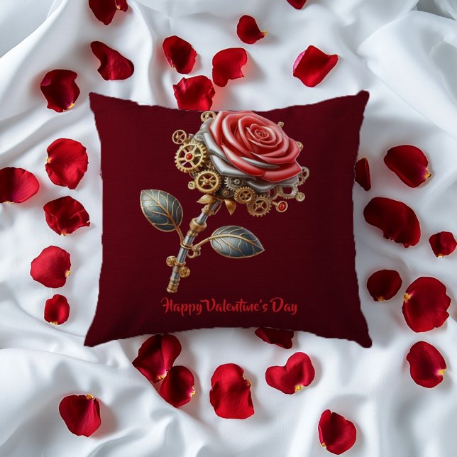 Valentine Burgundy Pink White Steampunk Roses Throw Pillow (Creator Uploaded)