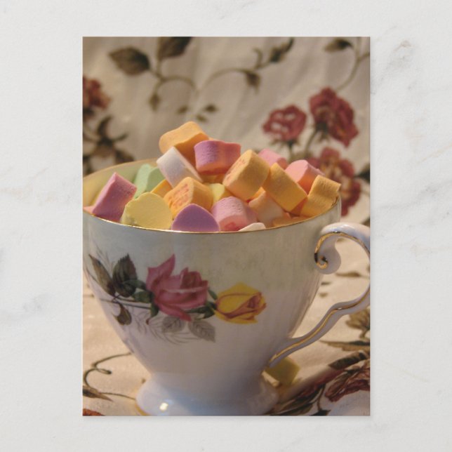 Valentine Candy and Rose Teacup Holiday Postcard (Front)