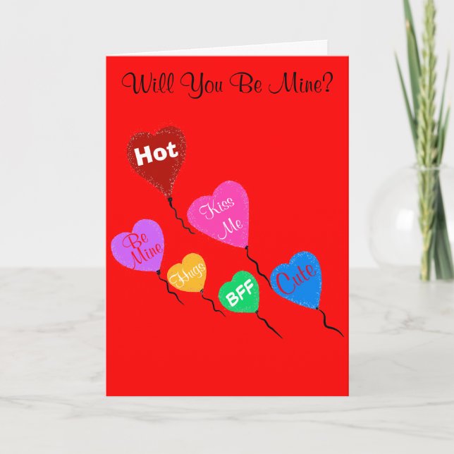 Valentine Candy Hearts Balloons Be Mine Holiday Card (Front)