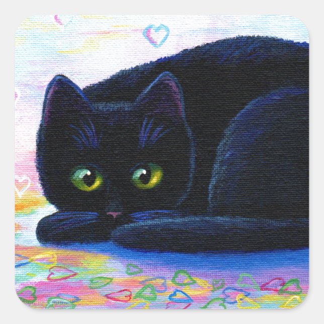 Valentine Cat Colourful Hearts Creationarts Square Sticker (Front)