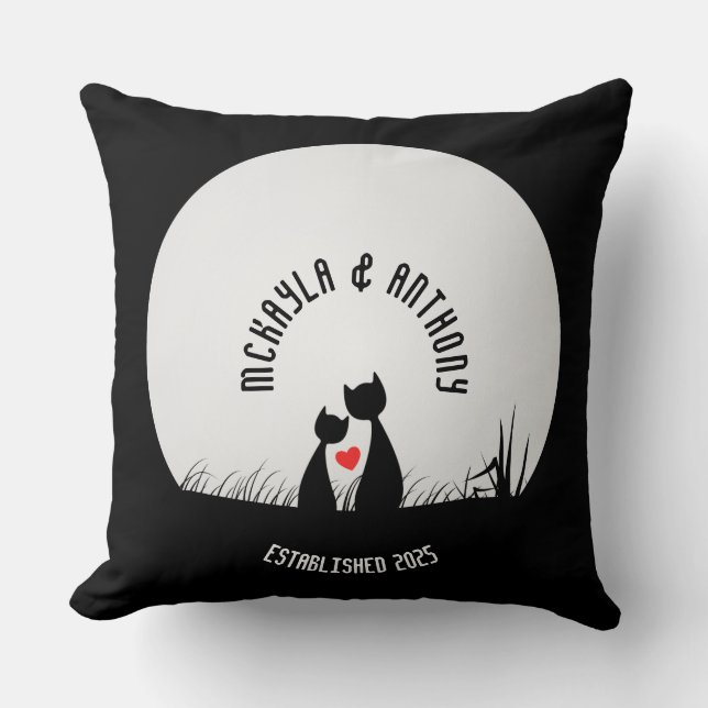 Valentine Cats Red Heart Moon Silhouette Couple Throw Pillow (Front)