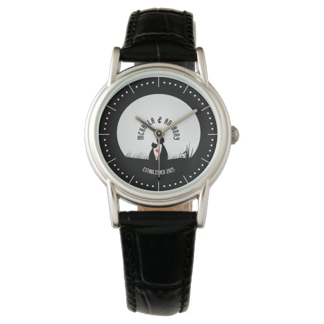 Valentine Cats Red Heart Moon Silhouette Couple Watch (Front)
