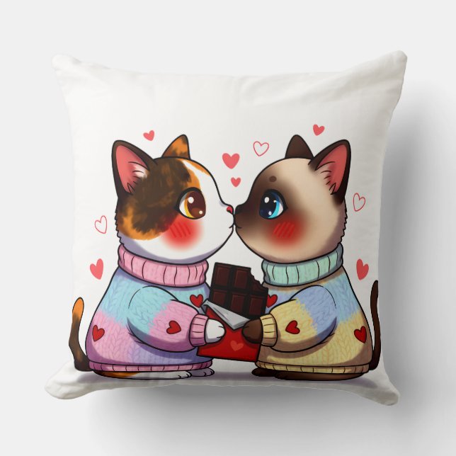 Valentine Cats with Chocolate Throw Pillow (Front)