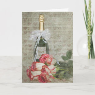 Valentine Champagne Bottle with Roses  Holiday Card