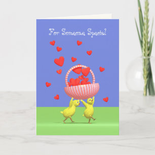 Valentine Chickens and Basket of Hearts Holiday Card