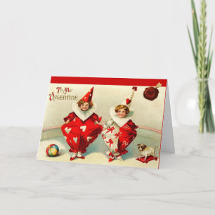 VALENTINE CHILD CLOWNS,RED WAX SEAL WITH HEART HOLIDAY CARD