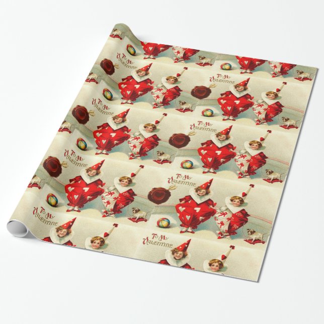 VALENTINE CHILD CLOWNS ,RED WAX SEAL WITH HEART WRAPPING PAPER (Unrolled)