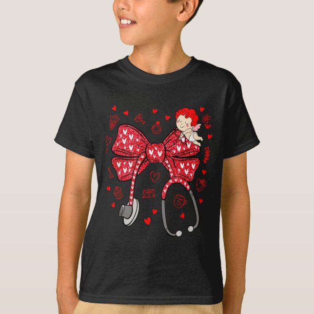 Valentine Coquette Bow Nurse Stethoscope Nursing D T-Shirt (Front)
