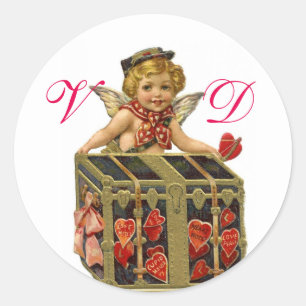 VALENTINE CUPID AND COFFER FULL OF HEARTS MONOGRAM CLASSIC ROUND STICKER