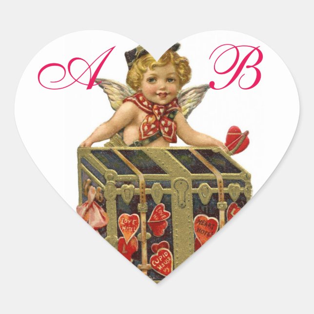 VALENTINE CUPID AND COFFER FULL OF HEARTS MONOGRAM HEART STICKER (Front)