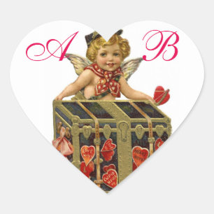 VALENTINE CUPID AND COFFER FULL OF HEARTS MONOGRAM HEART STICKER