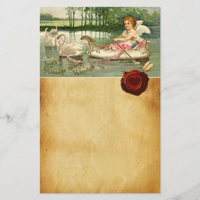 VALENTINE CUPID,PULLED BY SWANS ,RED WAX SEAL STATIONERY (Front)