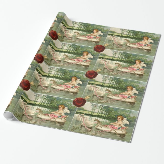 VALENTINE CUPID,PULLED BY SWANS ,RED WAX SEAL WRAPPING PAPER (Unrolled)