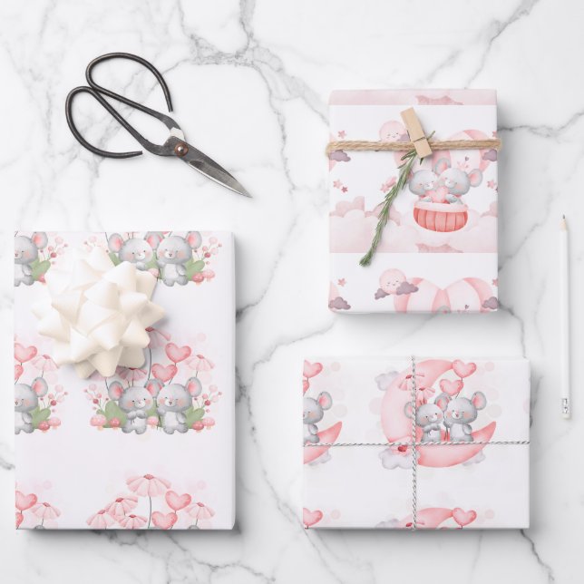Valentine Cute Baby Mice Wrapping Paper Sheet (Front)